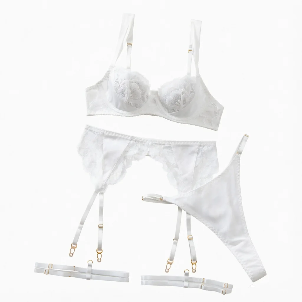 

Valentine Lingeries Sexy Hot Elegant Bra Belt Thong 4PC with Leg Circles Intimate Apparel Erotic Outfit Fancy Clothes