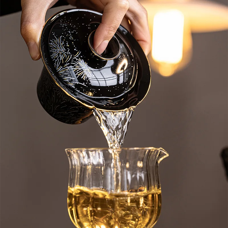 Black Gold and Silver Color  Kung Fu Set Household Ceramic Horseshoe Imitation Hot Tea Bowl Lid Bo
