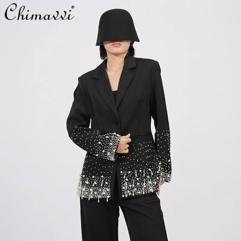 

French Elegant temperament Office Lady Suits Beaded Rhinestone Single-Breasted Slim Versatile Black Blazers Women Autumn 2025