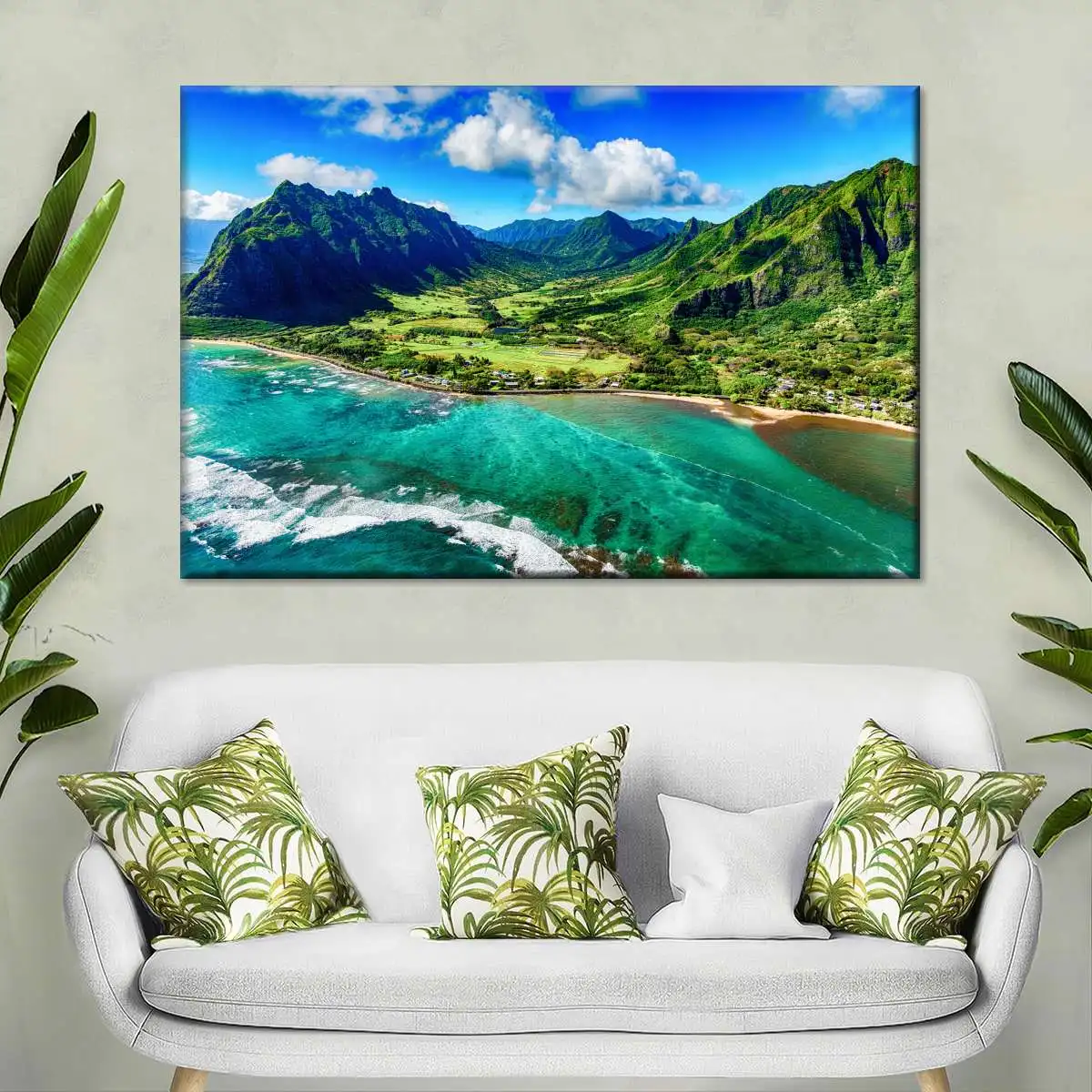 Hawaii Green Mountain Coast Wall Art, Tropical Turquoise Ocean Landscape Poster, Unframed Home Decor Print