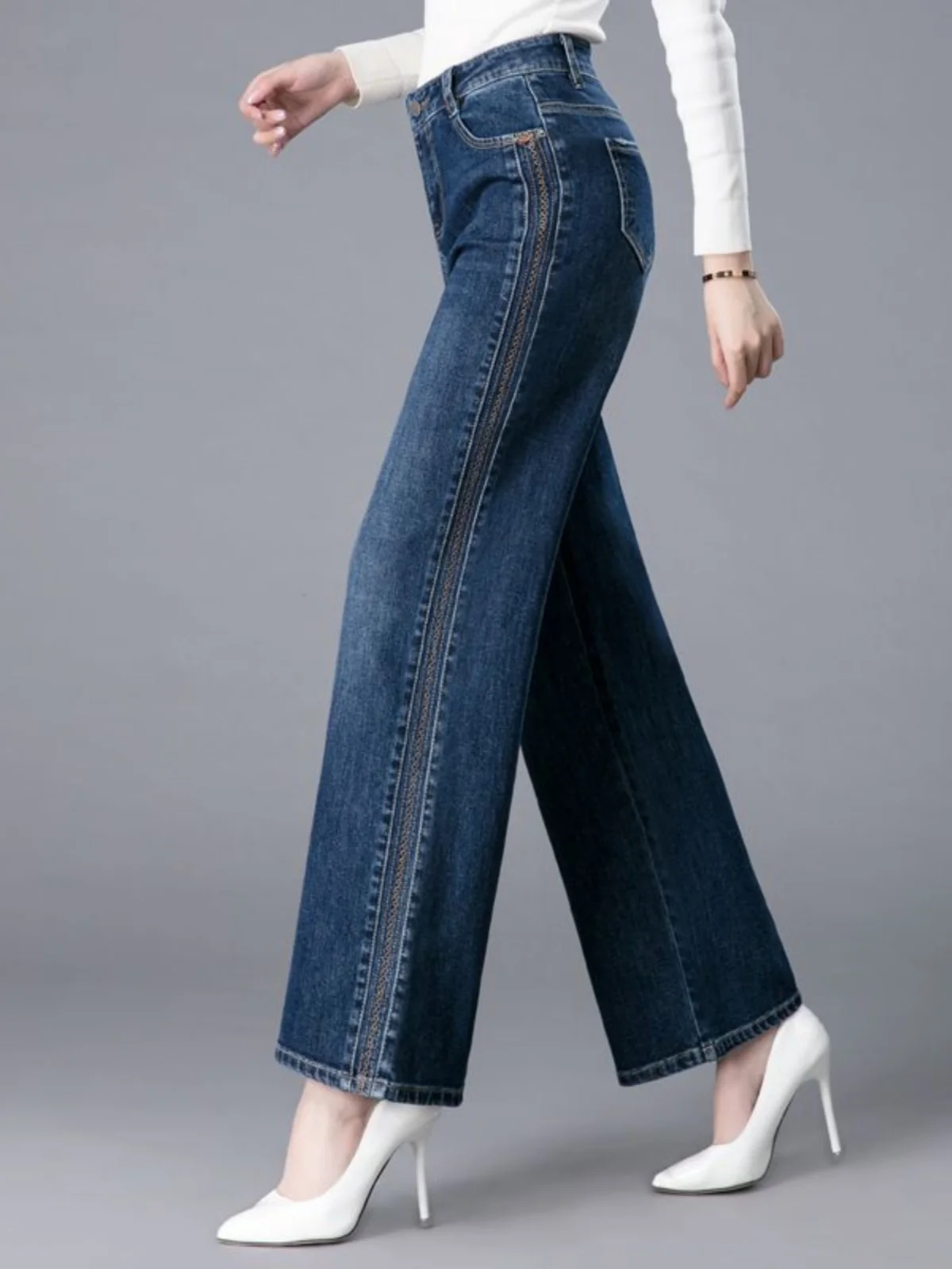 하이웨이스트 와이드 레그 자수 데님 청바지 여성용 봄 신상 슬림핏 롱 팬츠 스트레이트 컷 바닥 길이