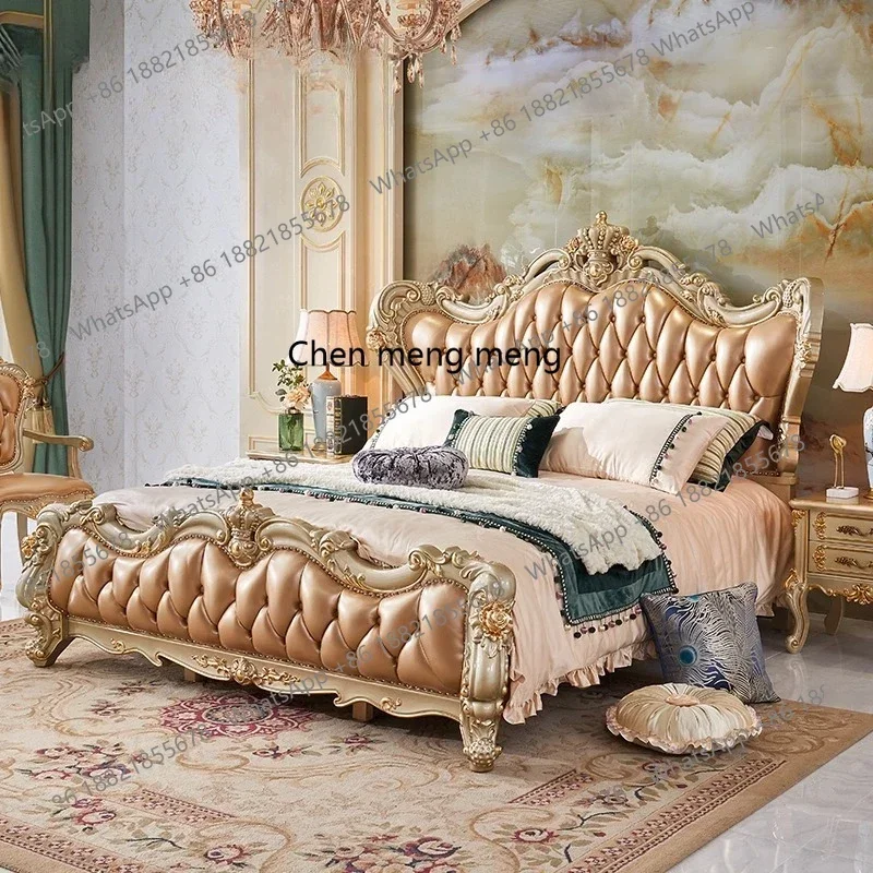 

X Solid wood leather bed 1.8 meters double bed, carved, master bedroom villa furniture
