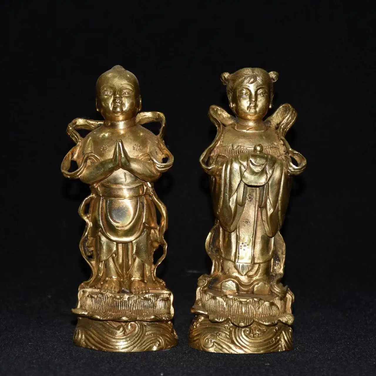 Old Qing Dyansty copper A golden couple Buddha statue,A Pair,Handmade