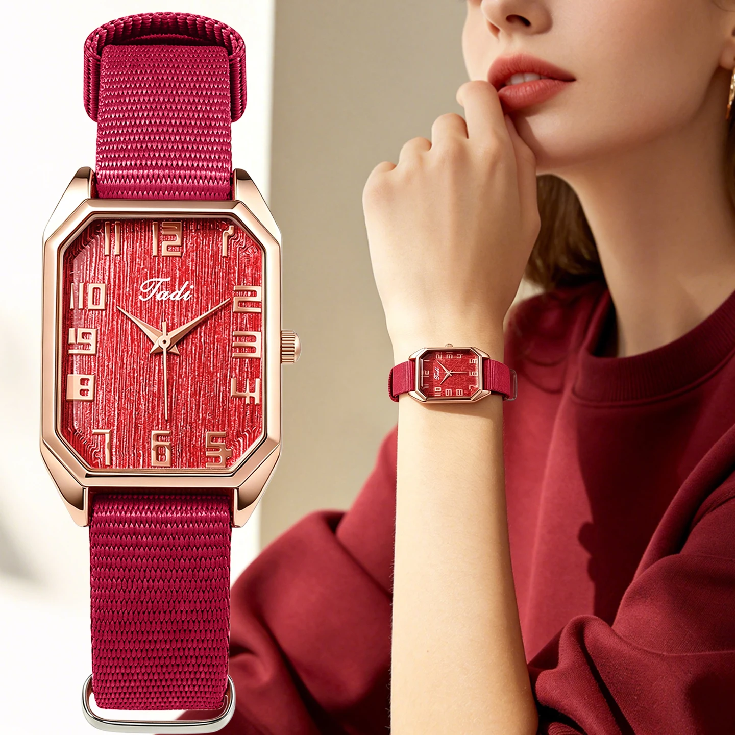 Elegant Ladies Analog Quartz Watch Octagon Rose Gold Case Red Spark Dial Nylon Band Daily Casual Wristwatch Women Watches