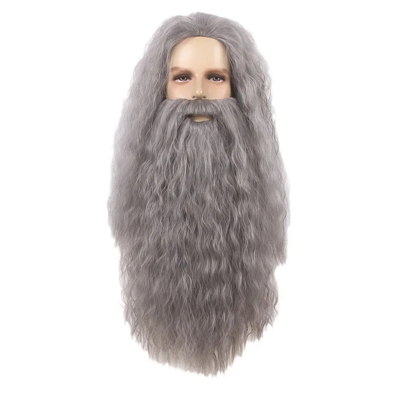 Wig With Beard Set Old Man Costume Grey Long Fluffy Synthetic Hair Dumbledore Fat Thor Grandalf Wig Halloween Party Christmas