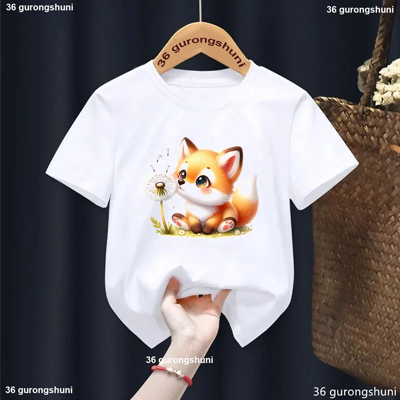 

Lovely Fox Wish Dandelion Animal Printed T Shirt Girls/Boys Kawaii Kids Clothes Summer Fashion T-Shirt Harajuku Shirt