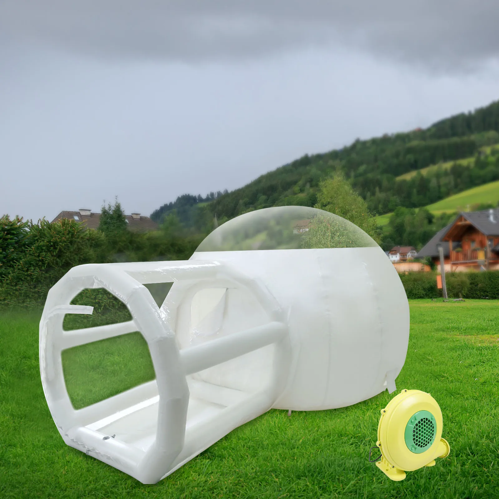 3+2m opblaasbare bubbeltent (semi-transparante hoofdkamer) |   2-3 personen, met ventilator, 110V 350W, IPX3 waterdicht voor kamperen Stargazi
