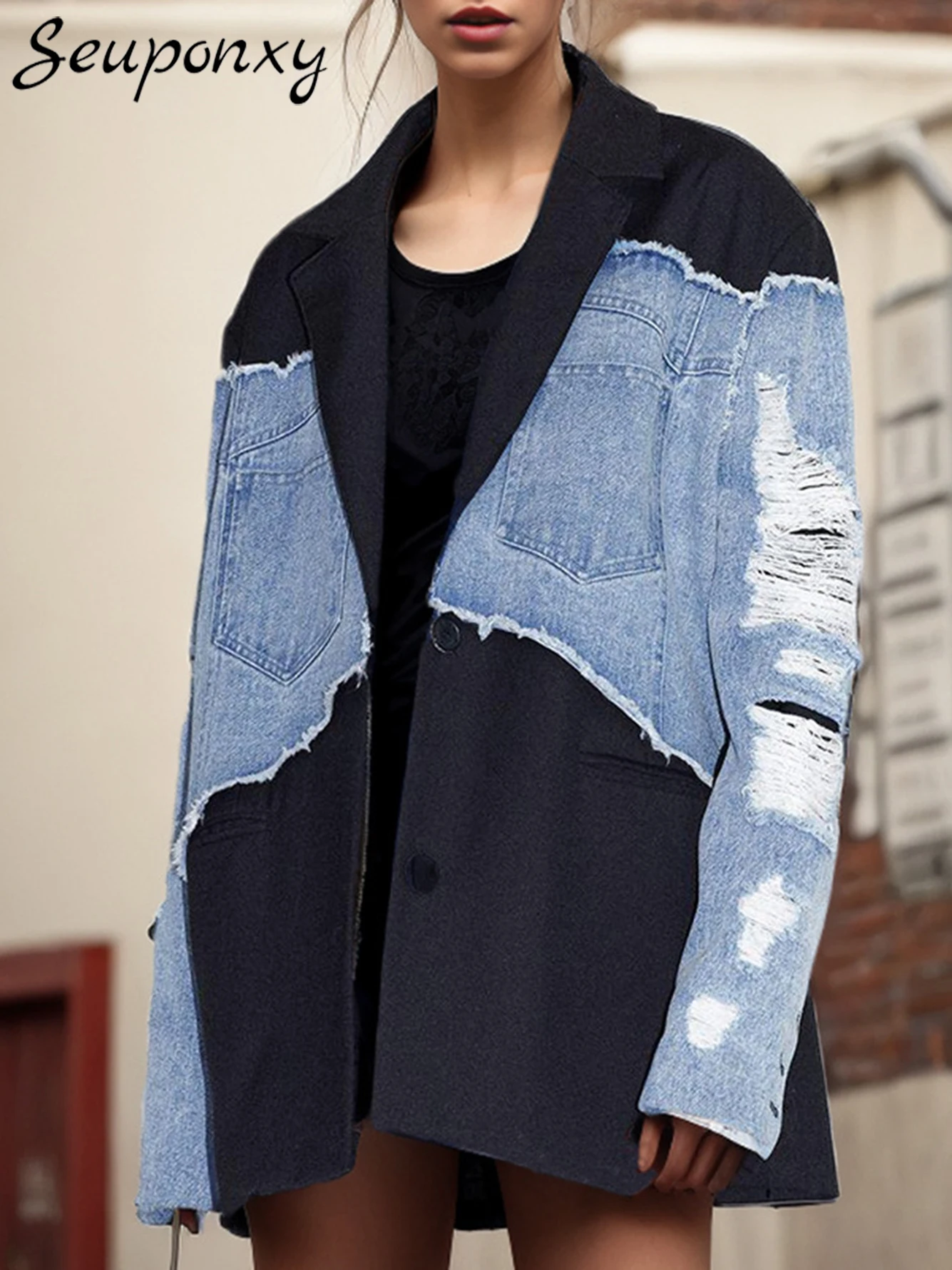 

High Quality New Women'S Denim Patchwork Loose Blazer Sexy V-Neck Long Sleeved Hollow Out Single Breasted High Street Blazer