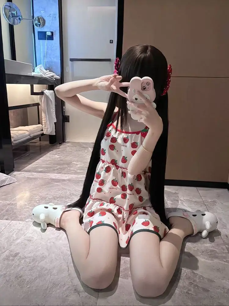 Strawberry Printed Sweet Camisole Dress Cute Dress Stylish Three-dimensional Decoration Design Short Summer Dresses