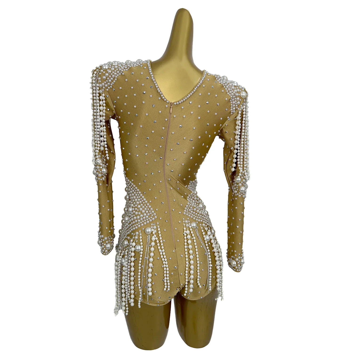 High-end Rhinestones Pearls Tassel Long Sleeve Bodysuit Women Sexy Performance Dance Costume Singer Dancer Stage Wear Cangxuan