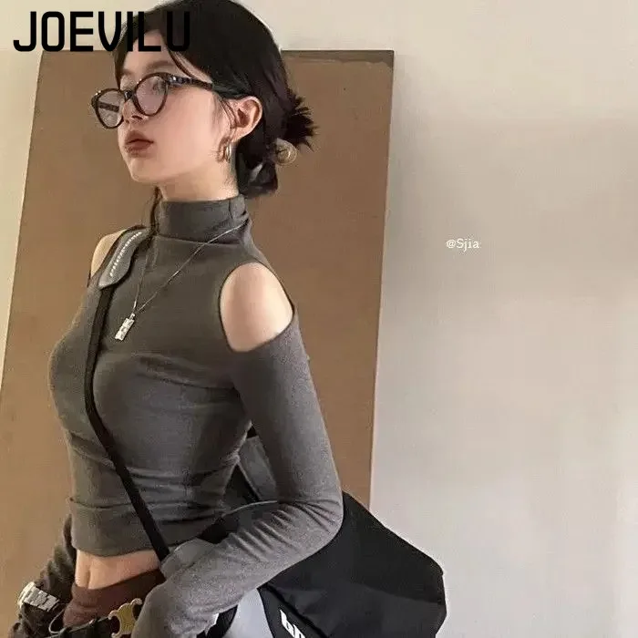 

Women's Semi Turtle Neck Off Shoulder Long Sleeve Hollow Out Bodycon Crop Tops Fall Fashion Sexy Y2K T-Shirts Aesthetic Clothes