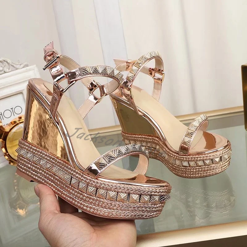 2024 Casual Women\'s Wedge Shoes Summer Round Toe Buckle Sandals High Heels Platform Rivets Decorated Gold Leather Ladies Shoe