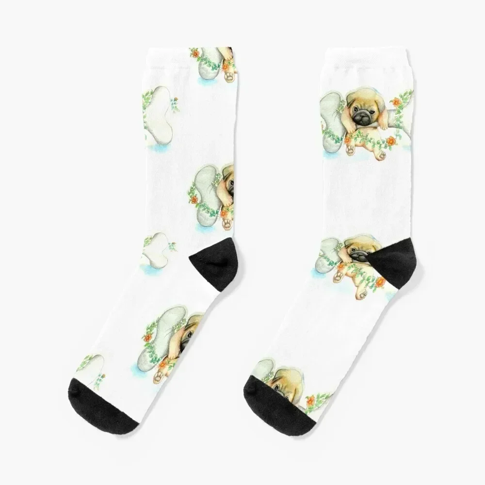 

Colorful Watercolor Pug Dog Hanging Onto A Bone Socks gifts funny sock professional running Girl'S Socks Men's