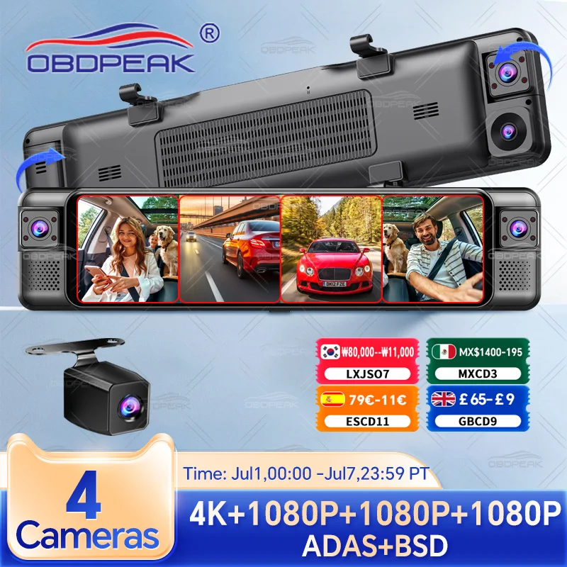 4 Channel Dash Cam 360° 11" 4K+1K+1K+1K WIFI Rear View Mirror  Video recorder Car DVR ADAS BSD Night Vision 24H Parking Monitor