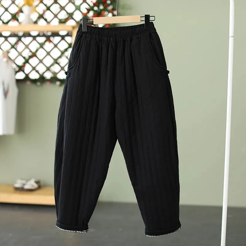 Vertical line pressed Solid Cotton padded Women's Warm Pants Autumn Winter 2025 Elastic waist band Buckle Casual Carrot trousers