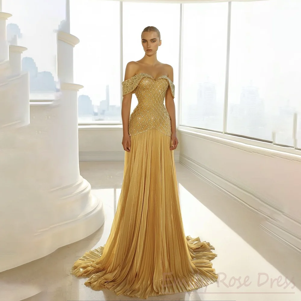 Nowoczesna żółta kryształowa suknia wieczorowa damska, linia A, plisowana, formalna sukienka na przyjęcie, długa do podłogi, saudyjska, z odkrytymi ramionami, na studniówkę.