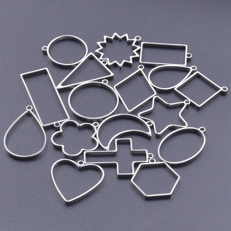 6Pcs/Lot Hollow Geometric Round Oval Heart Cross Flat Frame Bezels Charms Stainless Steel Blank Flower Moon Pendant Jewelry Bulk