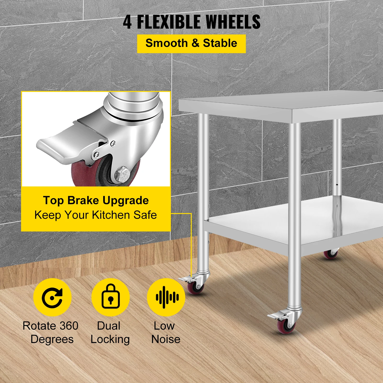 SucceBuy 36 x 30 inch Stainless Steel Work Table with 4 Wheels Heavy Duty Food Prep Worktable for Commercial Kitchen Restaurant