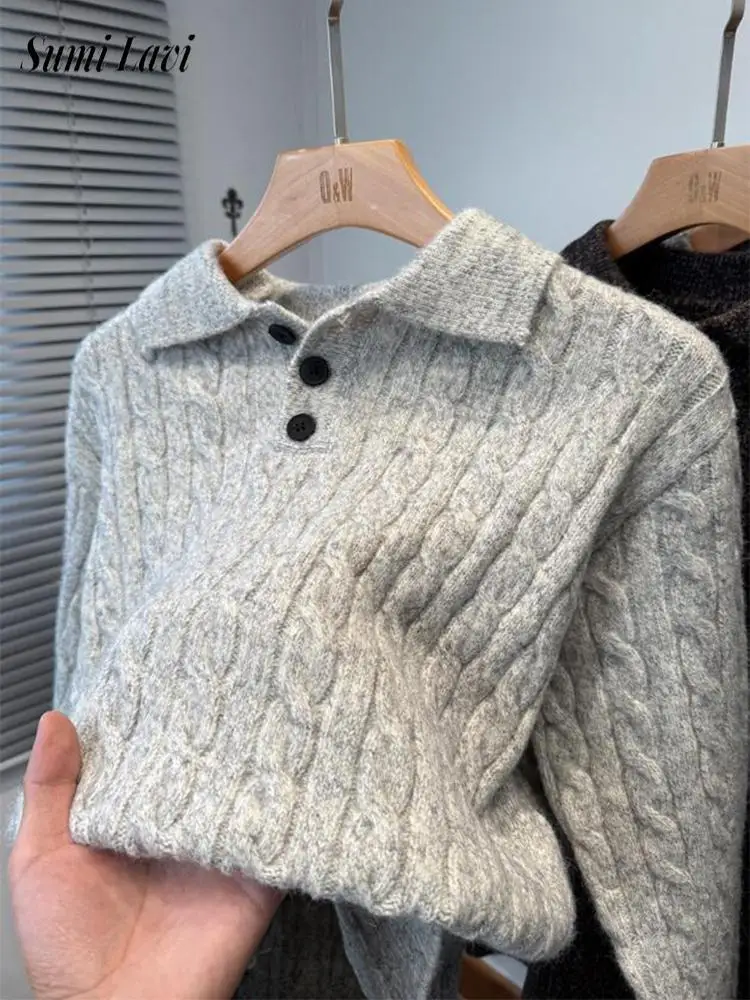 

Fall Winter New Casual Mens Polo Sweaters Vintage Twist Textured Slim Fit Knit Polo Shirts Men Long Sleeve Button Jumper Tops