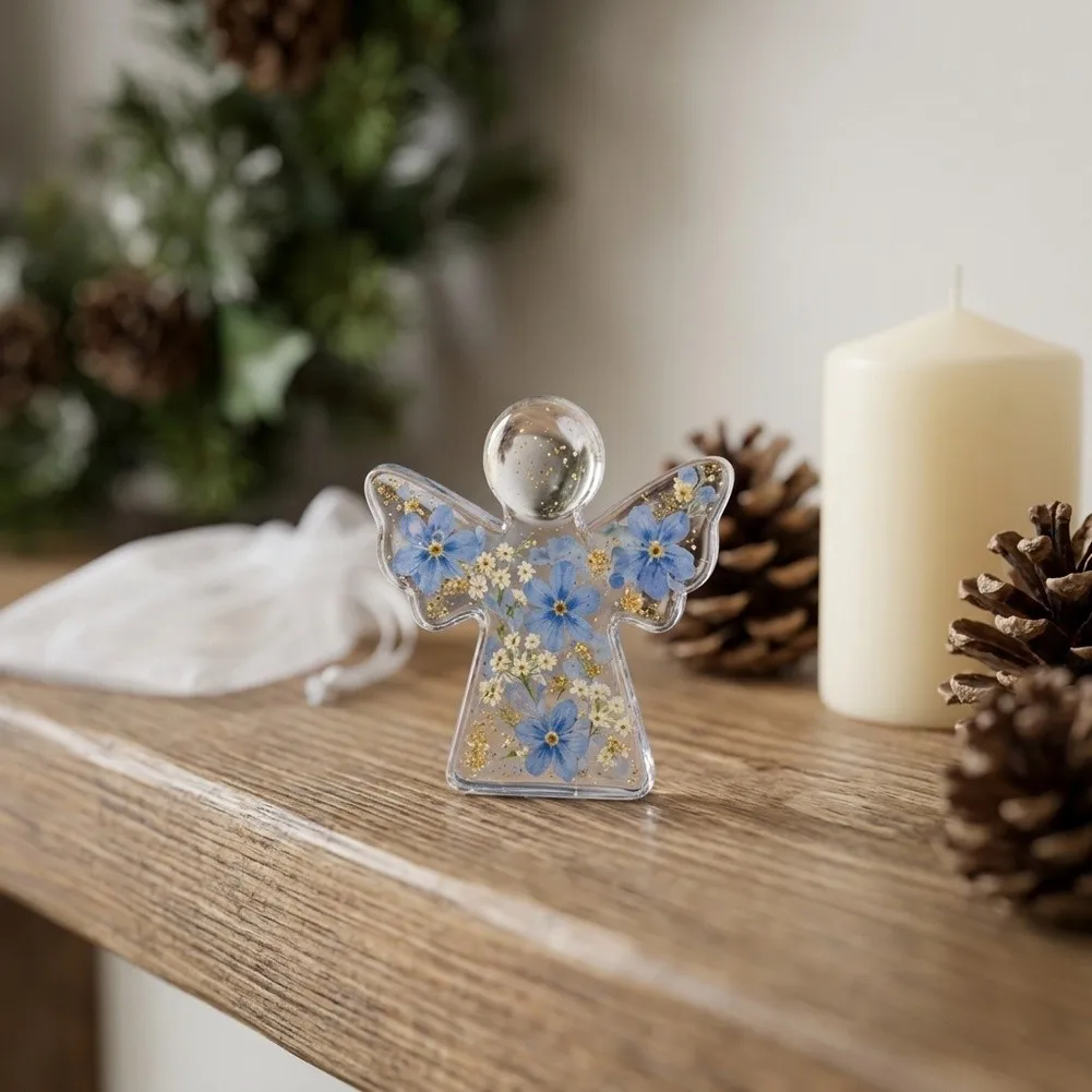 Memorial Angel with Dried Forget-Me-Not Flowers Spiritual Protection Keepsake for Remembrance 1 Pc Plastic 7cm