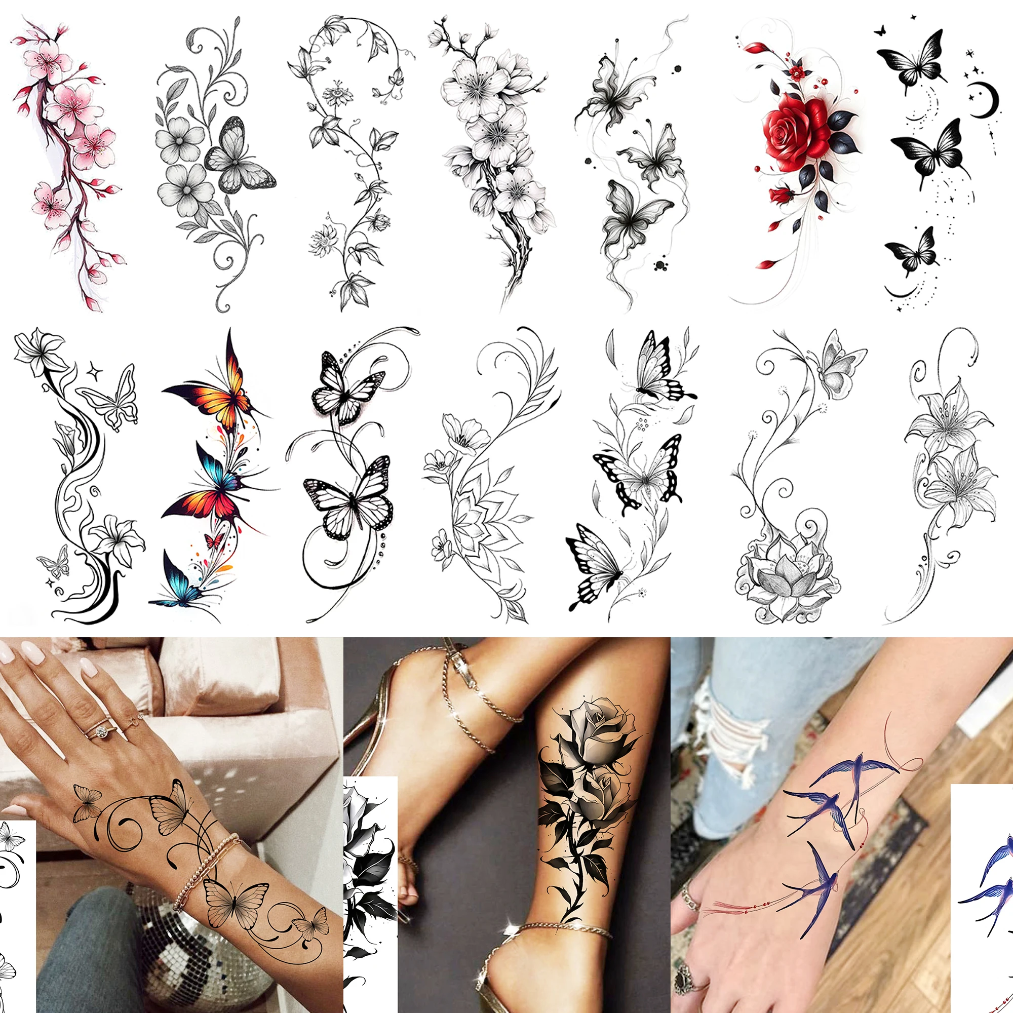 1 Sheet Flower Sakura Butterfly Vine Temporary Tattoos For Adult Ankle Hand, Realistic Waterproof Fake Tattoo Stickers Last Long