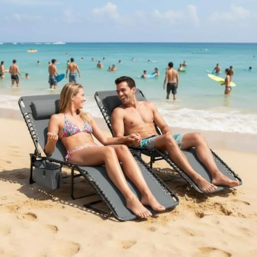 

Складной уличный шезлонг с регулируемой спинкой в 5 положениях, портативный, серый, с ручкой для переноски и боковым карманом