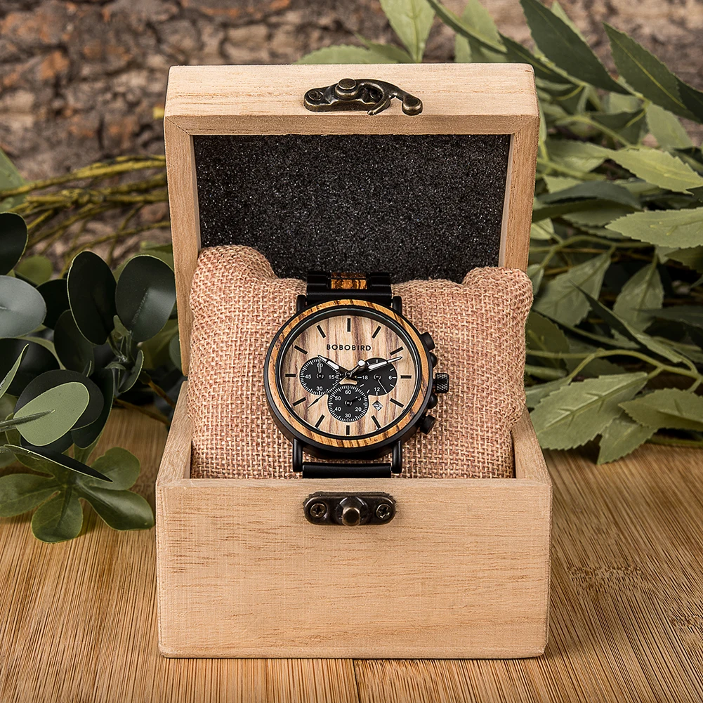 BOBO BIRD P09 Orologi in legno e acciaio inossidabile Cronografo da uomo Orologi da polso Lancette luminose Cronometro Dropshipping personalizzato