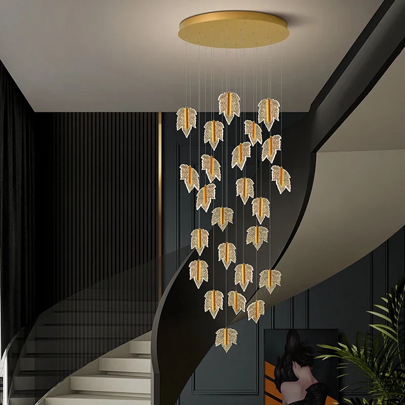 Modern living room staircase pendant light luxury maple leaf design lighting fixtures home decoration long line pendant light