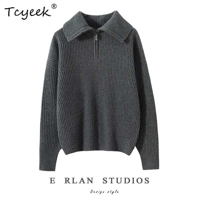 

Tcyeek, 100%Pure Cashmere Elegant Sweaters, Women Zipper Stripe Thick, Fashion Loose Pullover, Autumn Winter New Tops T48523QM