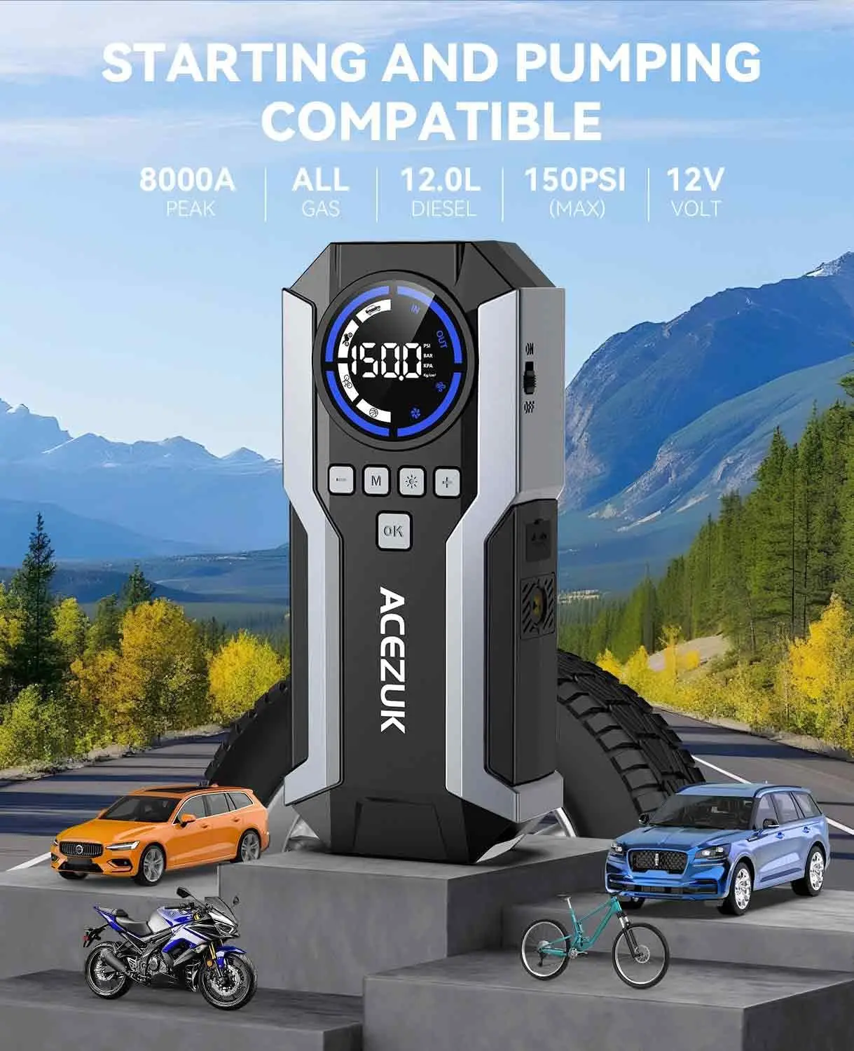 كاتب قفز 8000 أمبير مع ضاغط هواء، 150 رطل لكل بوصة مربعة، كاتب قفز محمول 12 فولت، شاشة LCD، أضواء LED #2