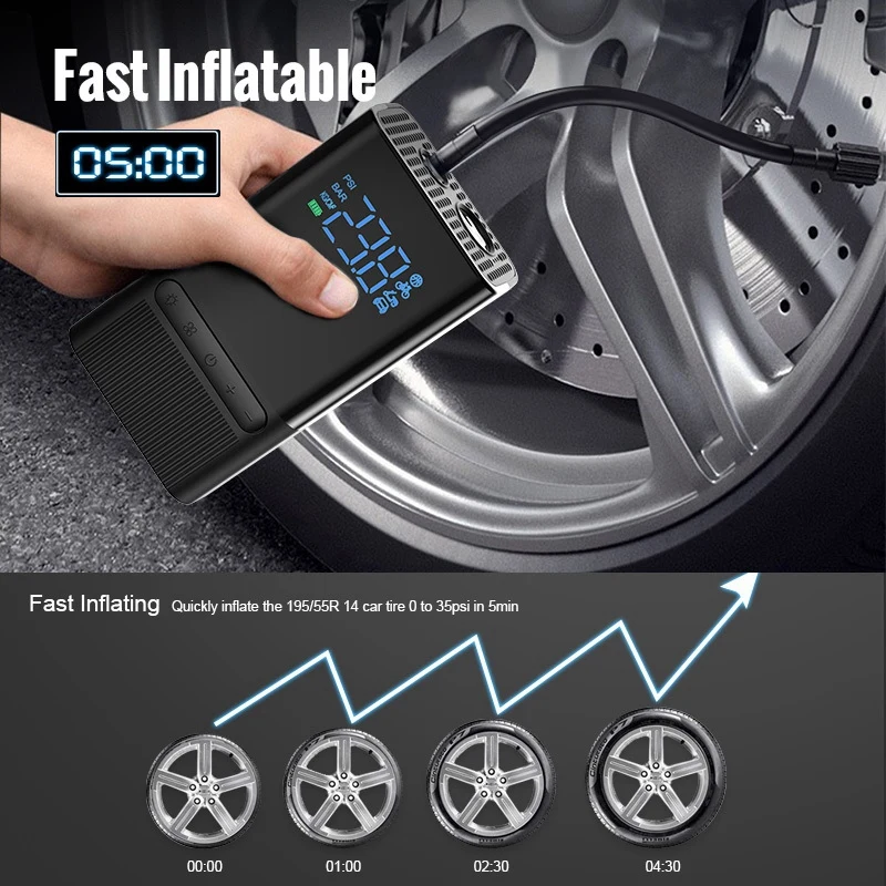 Rechargeable Car Air Compressor Inflator Pump Lcd Display LED Lamp For Tire Inflatable Wireless Electric Power Bank