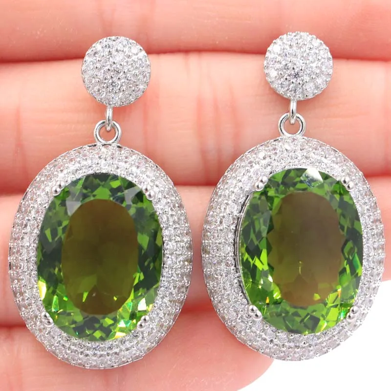 

40x22mm Big Oval Gemstone 16.7g Green Peridot London Blue Topaz White CZ For Daily Wear Silver Earrings