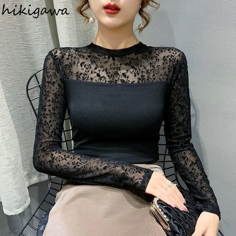 Women Clothing Temperament Blouses 2024 Blusas Mujer De Moda Patchwork Lace Butterfly Shirts Tunic See Through Sexy Blouse Tops