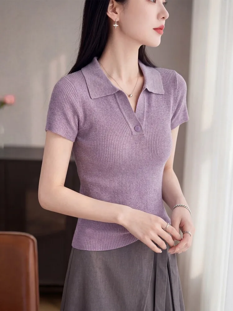 

Женская фиолетовая футболка Slim Fit в корейском стиле с коротким рукавом, вязаный топ для повседневной носки, универсальная, мягкая и удобная трикотажная вещь