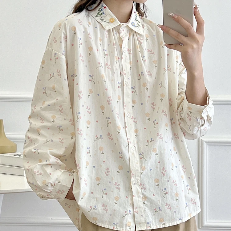 New Summer Cotton Long Sleeve Shirt Lapel Embroidery Tops Mori Girl Casual Loose Preppy Style Sweet Blouse 2024 Autumn T47351QC