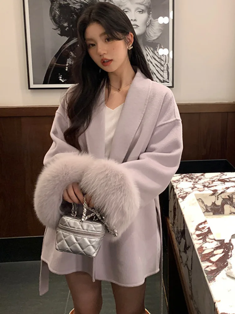 2024 Icelandic Lover Winter New Double sided Cashmere Coat for Women, High end Fox Hair, Small, Woolen, Fur Coat