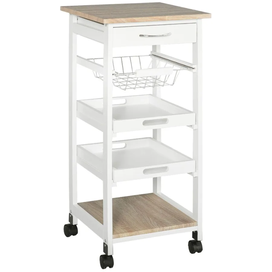 

HOMCOM Mobile Kitchen Cart Rolling Kitchen Island with Storage Solid Wood Frame Utility Cart with Wire Fruit Baskets Trays and