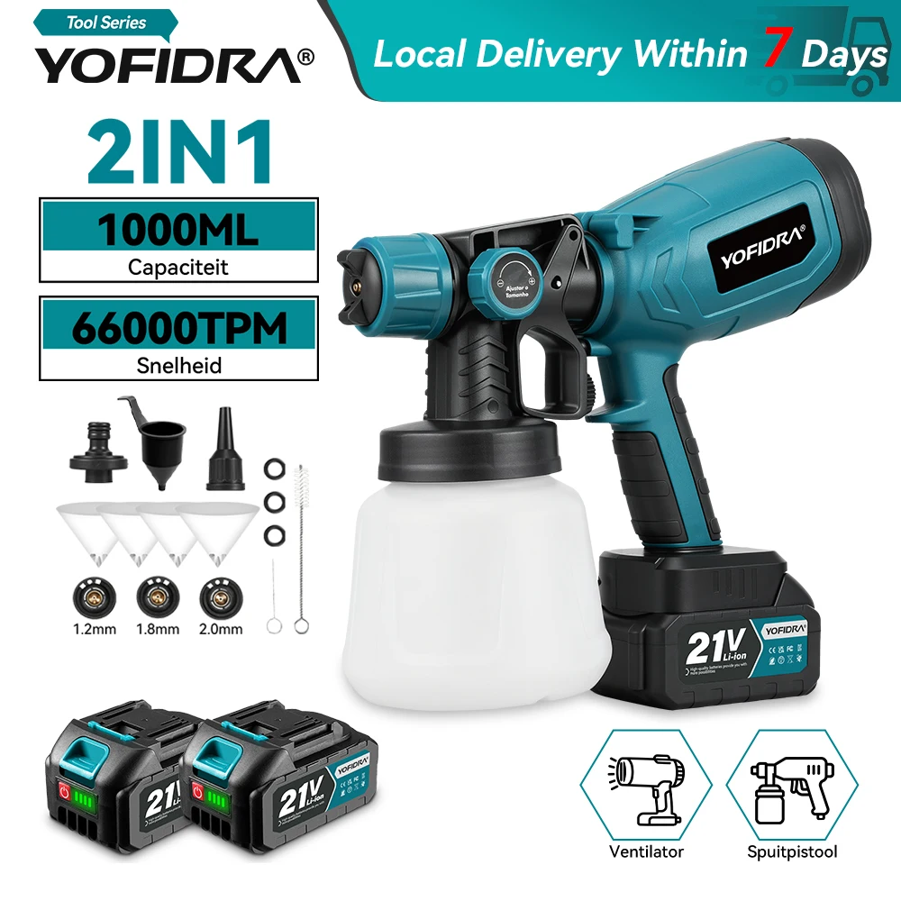 YOFIDRA 2IN1 1000ML Elektrische Spritzpistole 66000RPM Kabellose Farbspritzpistole Auto-Stahlbeschichtung Airbrush Elektrowerkzeuge für Makita-Akku