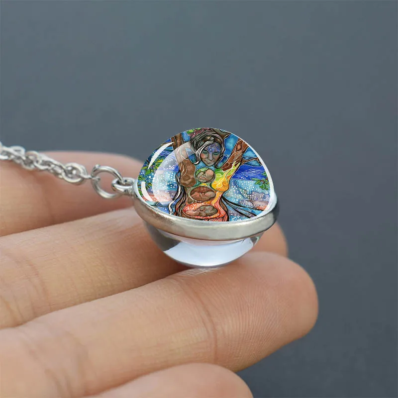 Tree of Life Series Pendant Necklace Double-sided Glass Ball Pendant Alloy Chain Jewelry Incubation Exquisite Fashion Accessorie