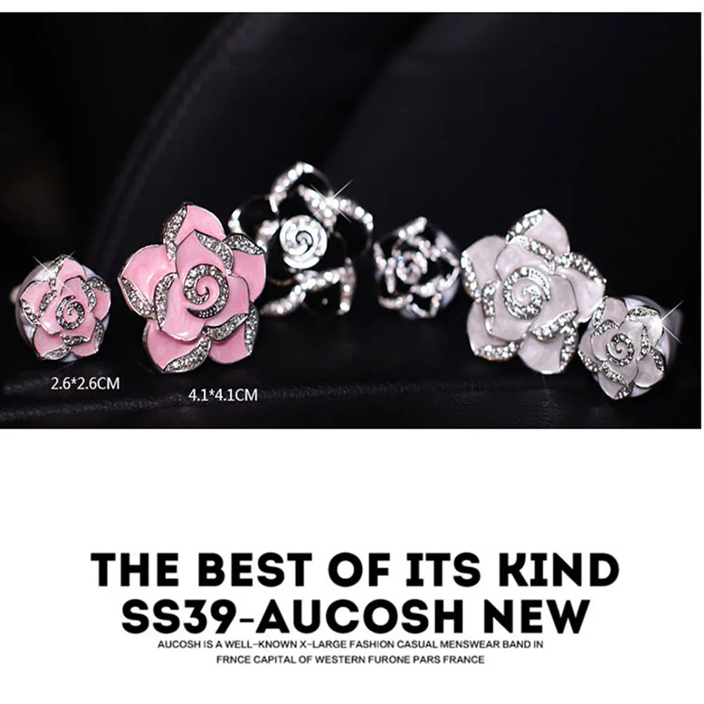 

One Pair Car Air Vent Decorations Camellia Rhinestone Encrusted Fragrance Balm Holder Stress Relief Car Interior Freshener Black