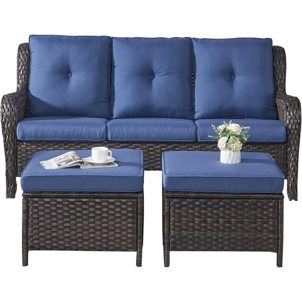

3 Piece Wicker Patio Furniture Set, Outdoor Rattan Patio Set with 1 Sofa and 2 Ottomans for Outside Porch