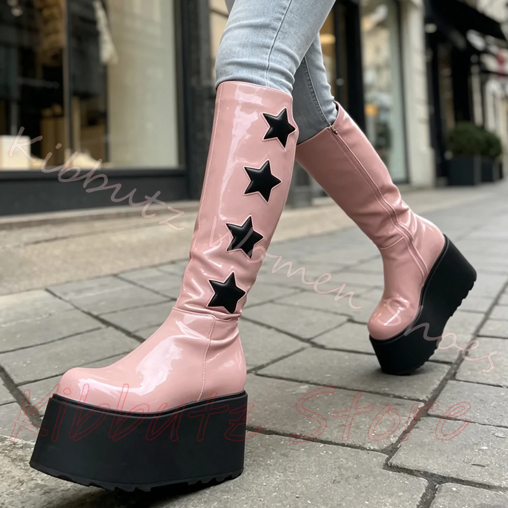 Platform Star Knee High Boots Women Y2K Goth Wedge Tall Boot Round Toe Side Zip Leather Mixed Color Fashion Streetwear Shoes New
