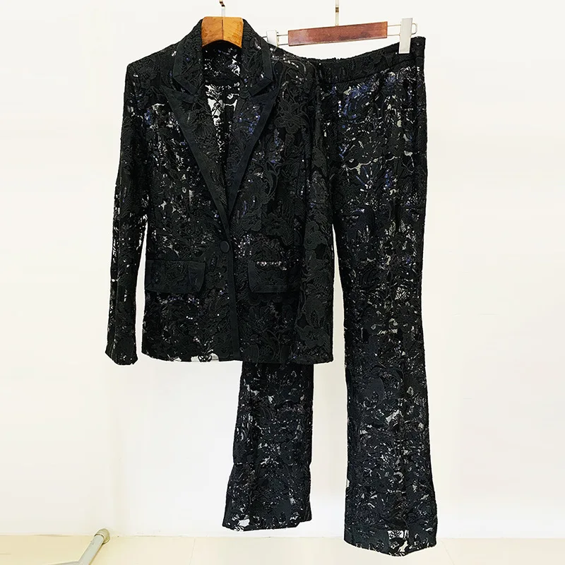 Top Brand Solid Mesh Embroidery Sequin Design Set For Women V Neck Long Sleeve Blazer High Waist Pants Sets Summer 2024 New