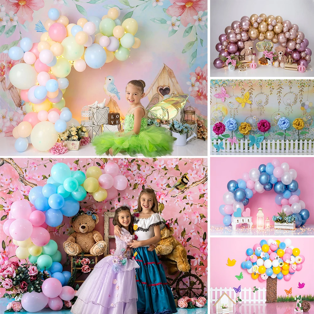 

Sweet Girls Birthday Party Background 3D Flower Balloon Bannerwall Backdrop for Kids Cake Smash Newborn Floral Photo Studio Prop