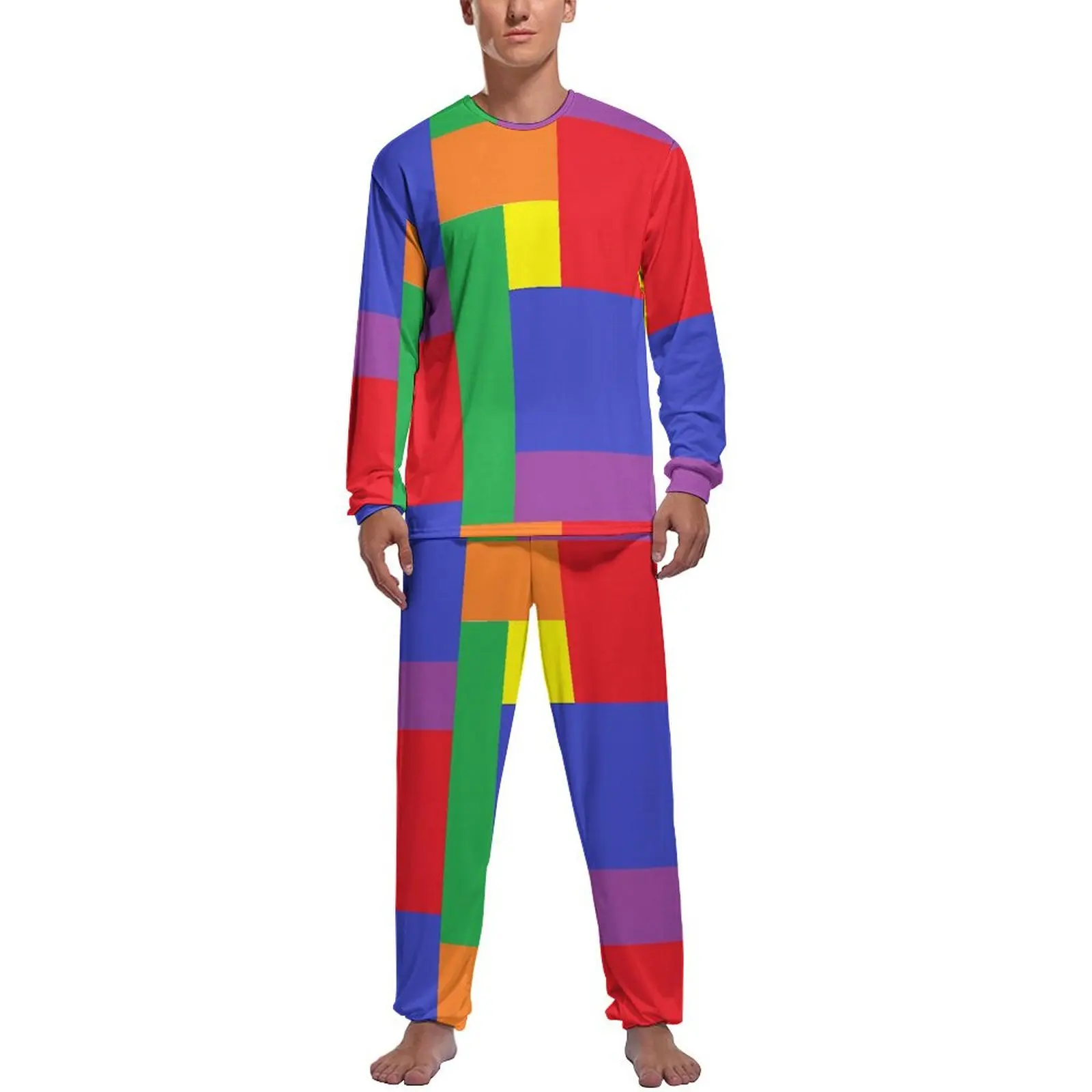 

Rainbow Colorblock Pajamas Colorful Print Mens Long Sleeves Lovely Pajama Sets 2 Pieces Casual Autumn Printed Sleepwear Gift