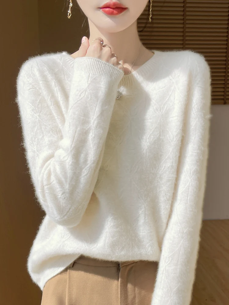 Women\'s 100% Merino Wool Sweater Pullover Hollow Out O-neck Cashmere Autumn Winter Long Sleeve Solid Grace Seamless Clothing Top