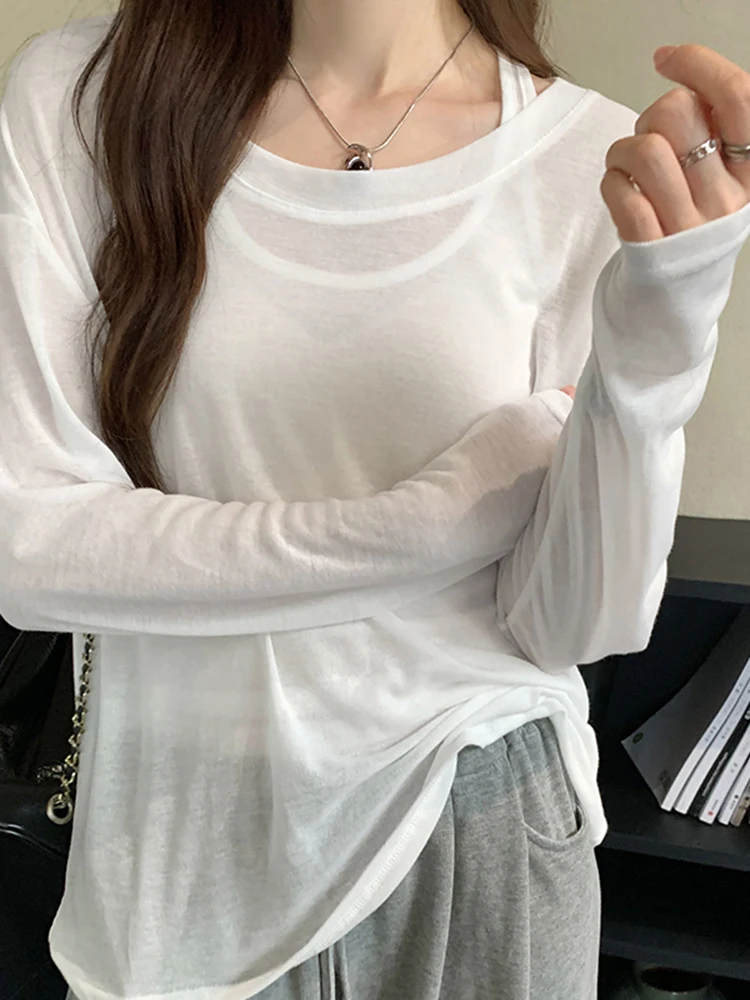 Two Piece New Autumn Solid Color Women T-Shirt Basic Simple Slim Loose Woman T-Shirt White Oat Color Black Knitted Top Female