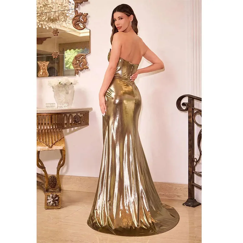 Dress Sexy Prom Sleeveless V-Neck Golden Pleat Floor Length Backless Sweep Train High Split Evening Gown Fashion Vestidos 2024