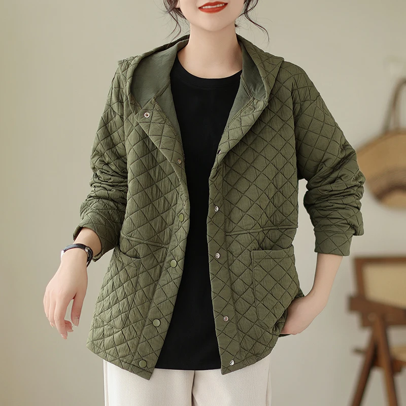 

Autumn Winter New Sle Korean Loose Versatile Warm Hooded Diamond Cotton Jaet Women's Single Button Slimming Commute Cotto...