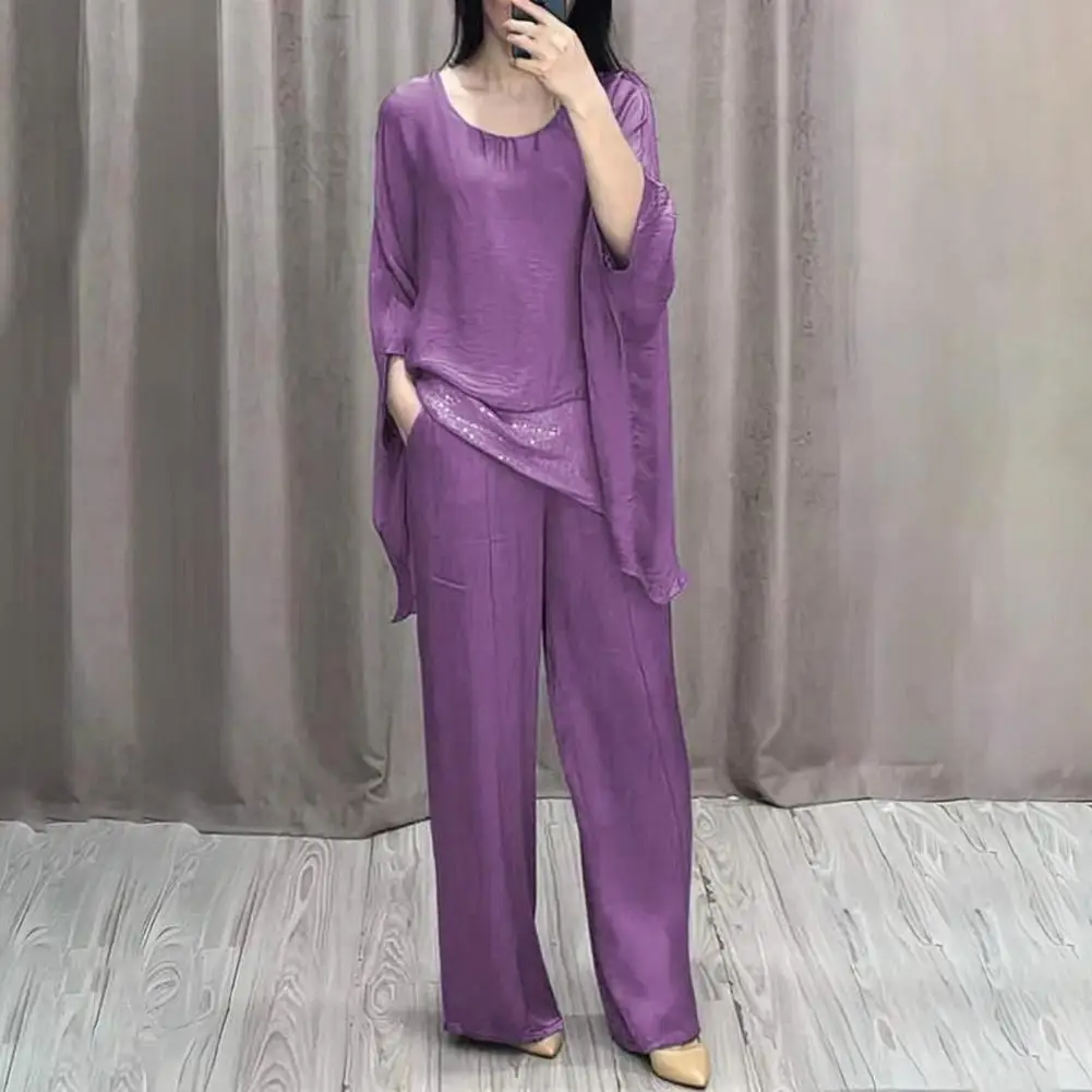 Double-layer Top Suit Stylish Women's Casual Suit with Wide Leg Pants Batwing Sleeve Top for Home Office Party Outfits Summer